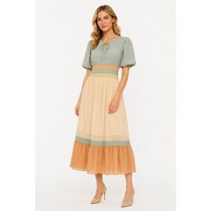 Pamela Love Colorblock Midi Dress Sage Cream Empire Waist Puff Sleeve Women XL